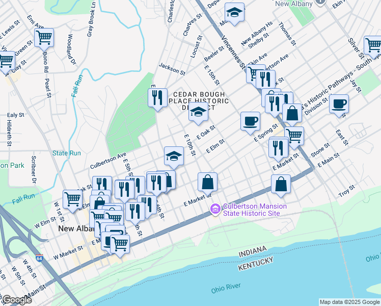 map of restaurants, bars, coffee shops, grocery stores, and more near 515 East 10th Street in New Albany