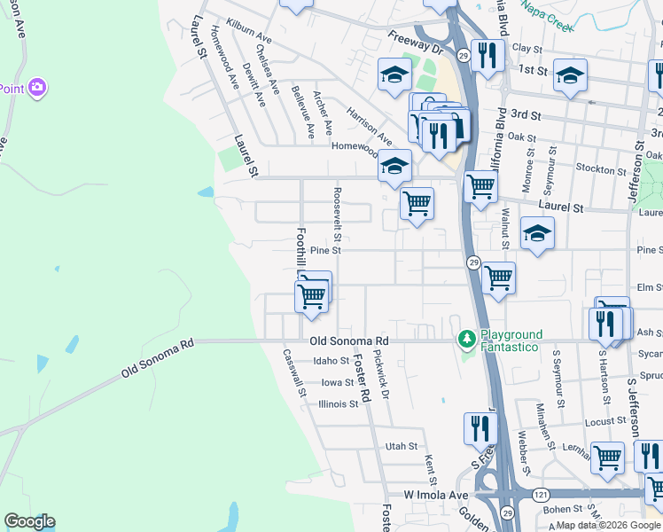 map of restaurants, bars, coffee shops, grocery stores, and more near 241 Roosevelt Street in Napa