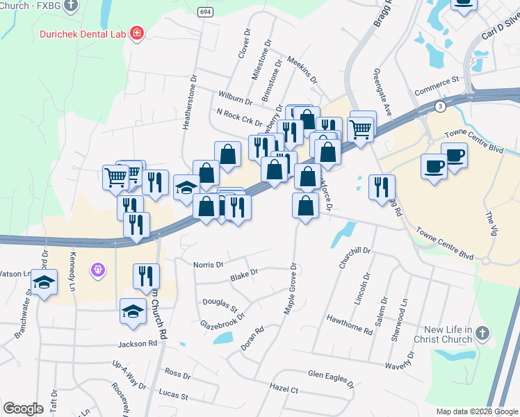 map of restaurants, bars, coffee shops, grocery stores, and more near 3902 Virginia 3 in Fredericksburg