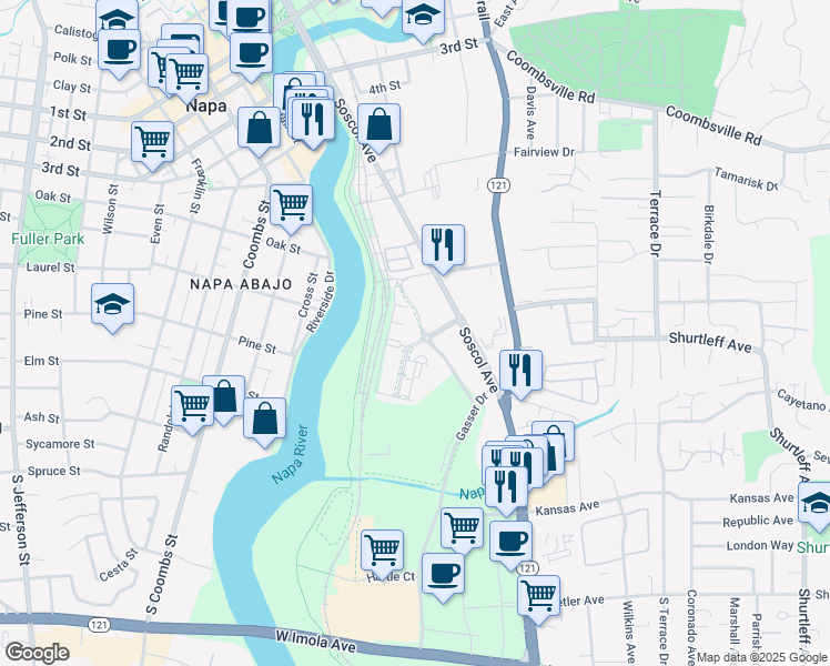 map of restaurants, bars, coffee shops, grocery stores, and more near 791 Vista Tulocay Lane in Napa