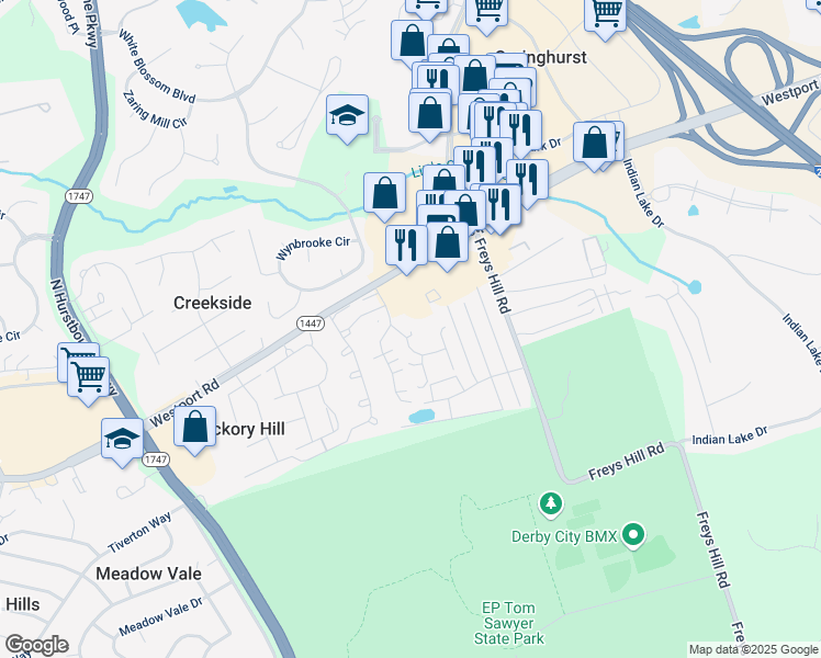 map of restaurants, bars, coffee shops, grocery stores, and more near 10207 Parkstone Drive in Louisville