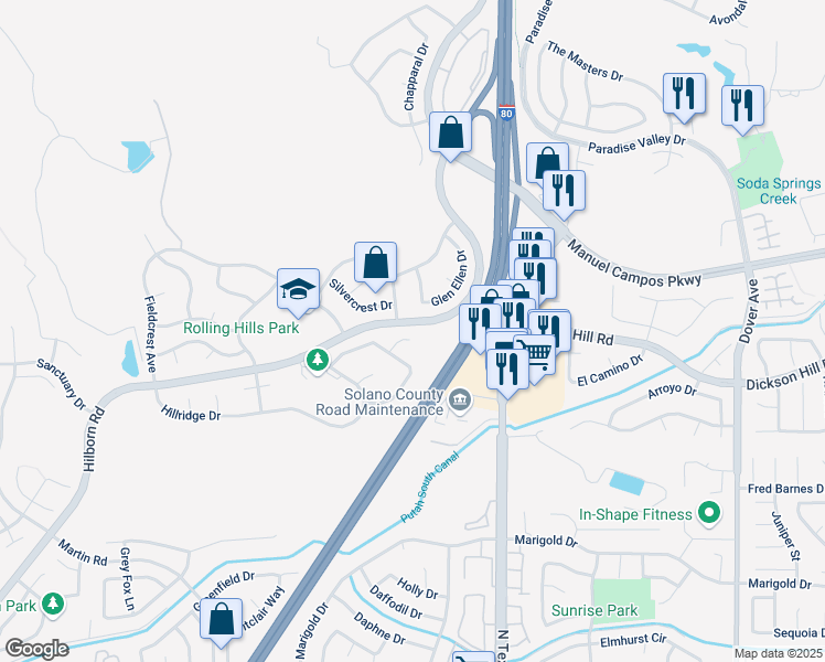 map of restaurants, bars, coffee shops, grocery stores, and more near 2012 Blair Court in Fairfield