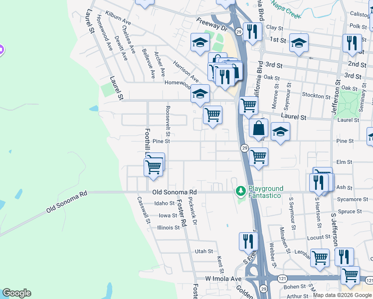 map of restaurants, bars, coffee shops, grocery stores, and more near 2745 Pine Street in Napa