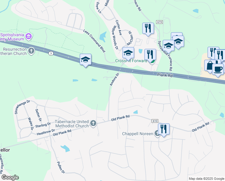 map of restaurants, bars, coffee shops, grocery stores, and more near 12105 Andora Drive in Fredericksburg
