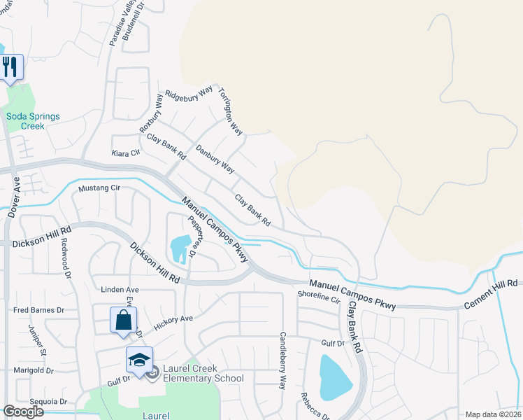 map of restaurants, bars, coffee shops, grocery stores, and more near 3806 Clay Bank Road in Fairfield