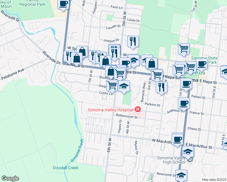 map of restaurants, bars, coffee shops, grocery stores, and more near 514 Curtin Lane in Sonoma
