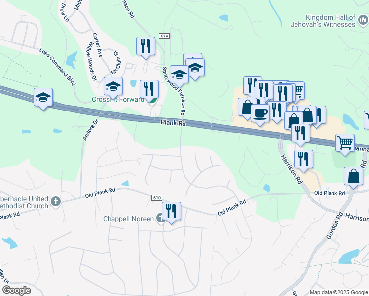 map of restaurants, bars, coffee shops, grocery stores, and more near 12015 Big Ben Boulevard in Fredericksburg