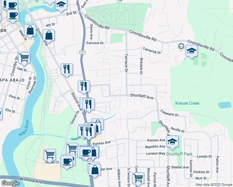 map of restaurants, bars, coffee shops, grocery stores, and more near 1131 Terrace Drive in Napa
