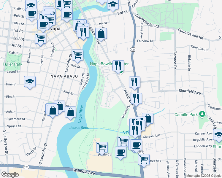 map of restaurants, bars, coffee shops, grocery stores, and more near 791 Vista Tulocay Lane in Napa
