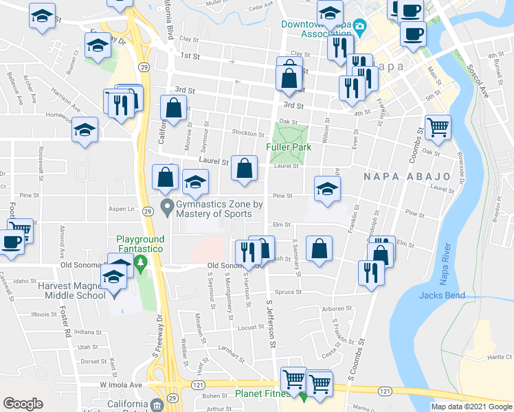 map of restaurants, bars, coffee shops, grocery stores, and more near 1840 Sutter Court in Napa