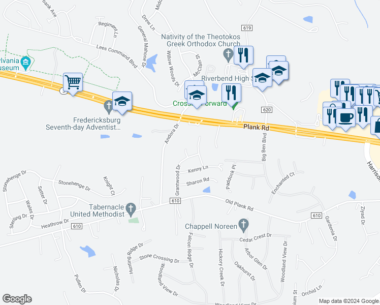 map of restaurants, bars, coffee shops, grocery stores, and more near 12022 Grantwood Drive in Fredericksburg