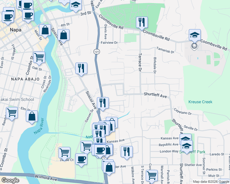 map of restaurants, bars, coffee shops, grocery stores, and more near 868 Erin Way in Napa