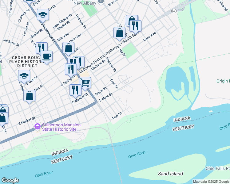map of restaurants, bars, coffee shops, grocery stores, and more near 1801 East Main Street in New Albany