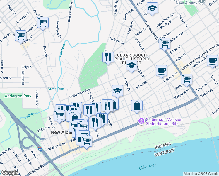 map of restaurants, bars, coffee shops, grocery stores, and more near 701 East Oak Street in New Albany