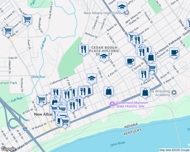 map of restaurants, bars, coffee shops, grocery stores, and more near 902 East Oak Street in New Albany