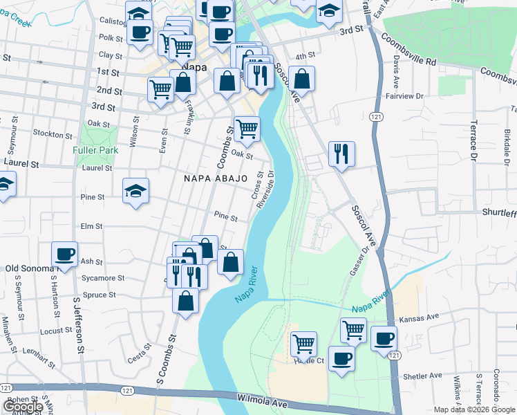 map of restaurants, bars, coffee shops, grocery stores, and more near Riverside Drive in Napa