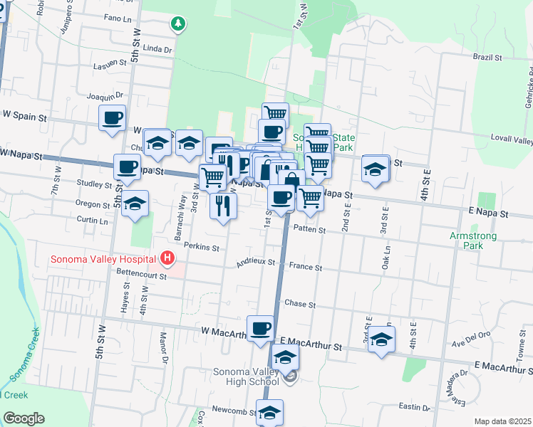 map of restaurants, bars, coffee shops, grocery stores, and more near 569 1st Street West in Sonoma