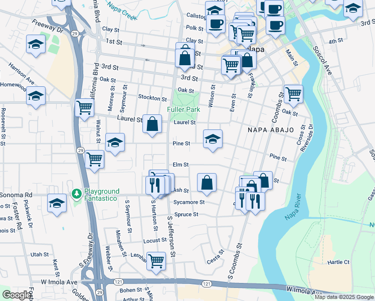 map of restaurants, bars, coffee shops, grocery stores, and more near 1720 Elm Street in Napa