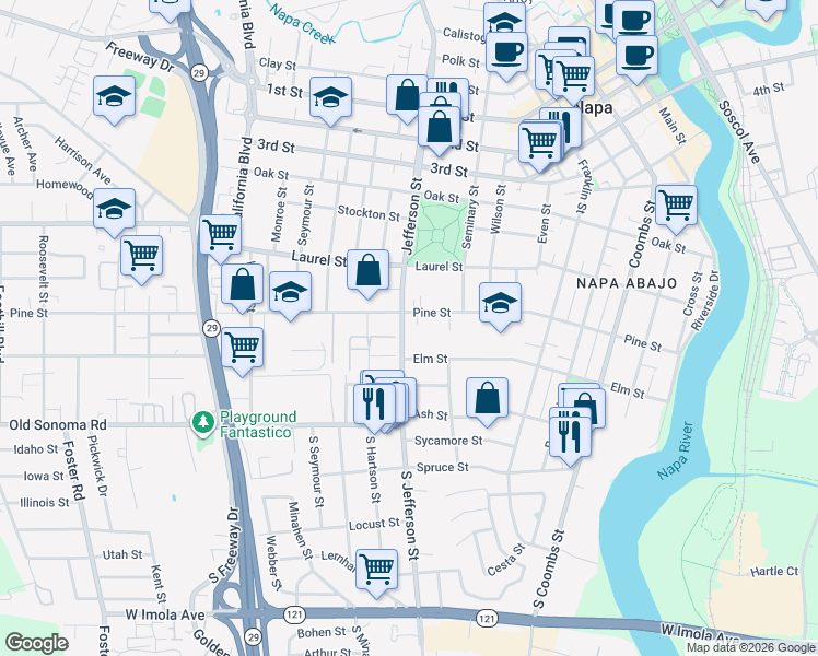 map of restaurants, bars, coffee shops, grocery stores, and more near 362 Jefferson Street in Napa