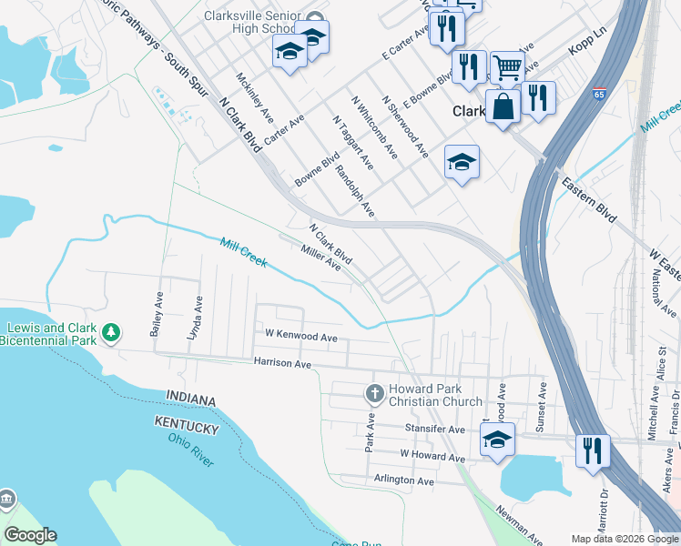 map of restaurants, bars, coffee shops, grocery stores, and more near 421 Miller Avenue in Clarksville