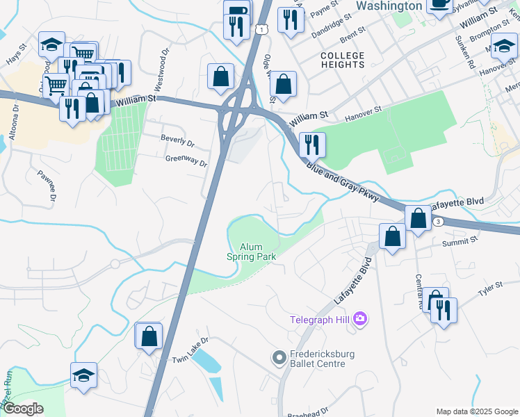 map of restaurants, bars, coffee shops, grocery stores, and more near 502 Greenbrier Drive in Fredericksburg
