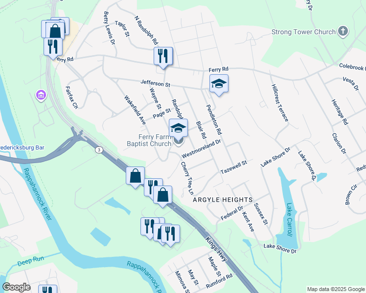 map of restaurants, bars, coffee shops, grocery stores, and more near 1 Westmoreland Drive in Fredericksburg