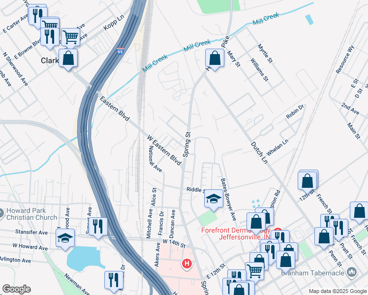 map of restaurants, bars, coffee shops, grocery stores, and more near 117 Frank Street in Jeffersonville