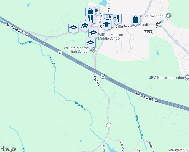 map of restaurants, bars, coffee shops, grocery stores, and more near 538 Celt Road in Stanardsville