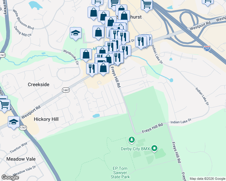 map of restaurants, bars, coffee shops, grocery stores, and more near 3127 Freys Hill Road in Louisville
