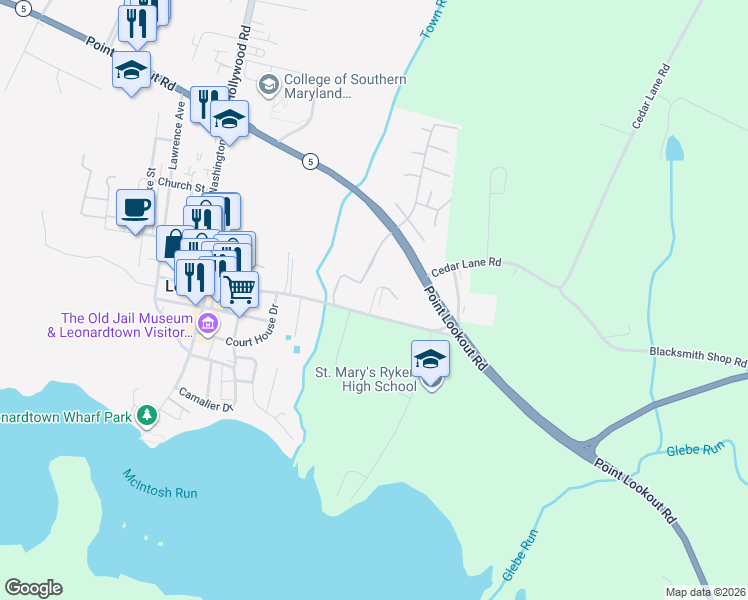 map of restaurants, bars, coffee shops, grocery stores, and more near 41800 Eastwick Lane in Leonardtown