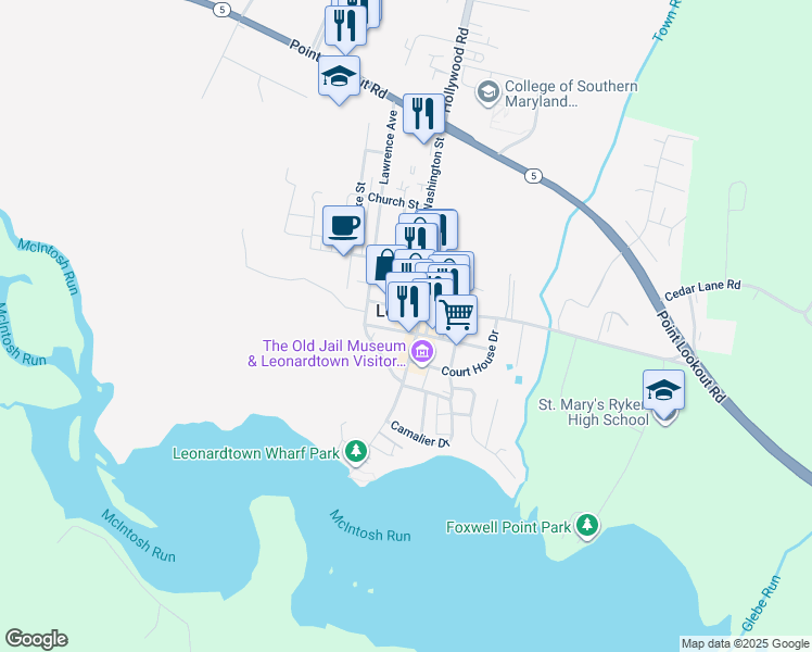 map of restaurants, bars, coffee shops, grocery stores, and more near 22695 Washington Street in Leonardtown