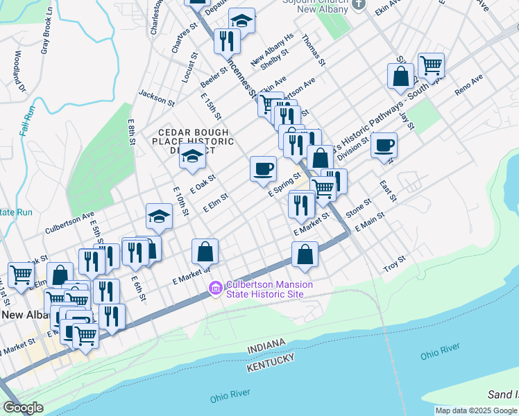 map of restaurants, bars, coffee shops, grocery stores, and more near 1308 East Spring Street in New Albany