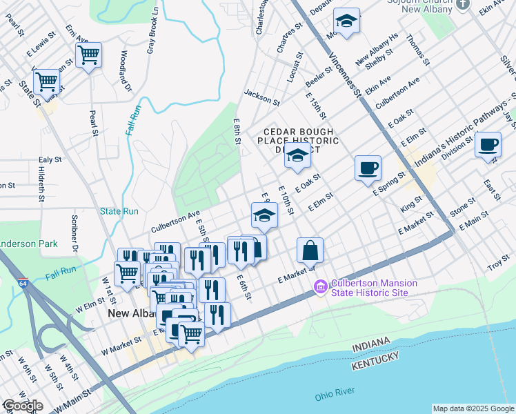 map of restaurants, bars, coffee shops, grocery stores, and more near 530 East 8th Street in New Albany