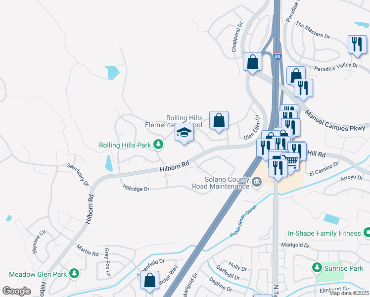 map of restaurants, bars, coffee shops, grocery stores, and more near 2025 Fieldcrest Avenue in Fairfield