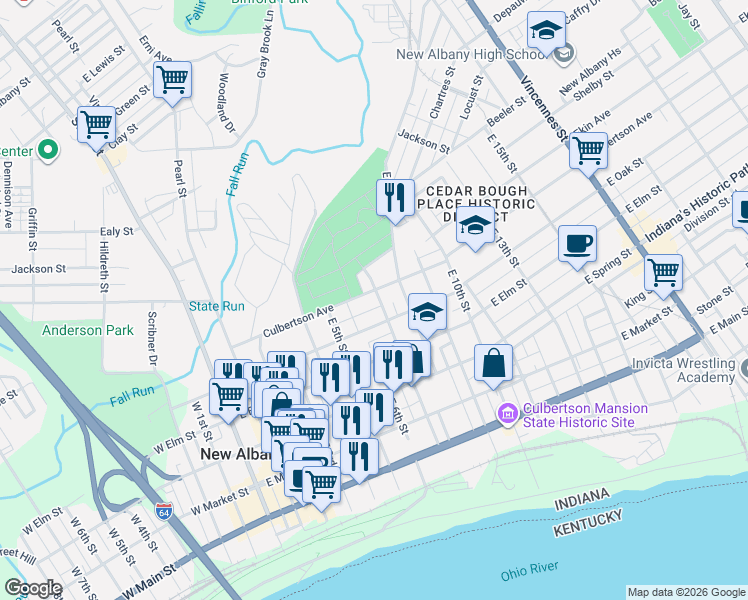 map of restaurants, bars, coffee shops, grocery stores, and more near 701 East Oak Street in New Albany