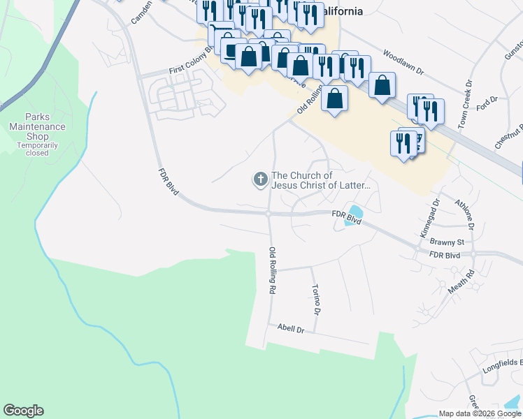 map of restaurants, bars, coffee shops, grocery stores, and more near 22675 Old Rolling Road in California