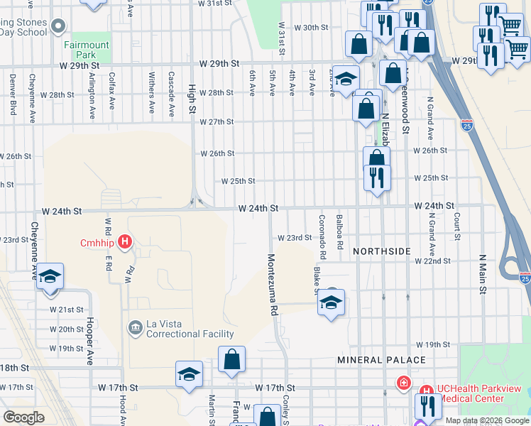 map of restaurants, bars, coffee shops, grocery stores, and more near 2315 Montezuma Rd in Pueblo