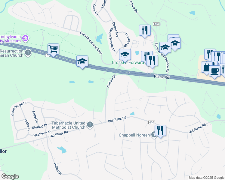 map of restaurants, bars, coffee shops, grocery stores, and more near 12105 Andora Drive in Fredericksburg