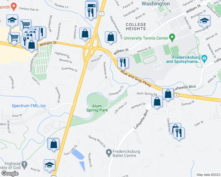 map of restaurants, bars, coffee shops, grocery stores, and more near 420 Greenbrier Court in Fredericksburg
