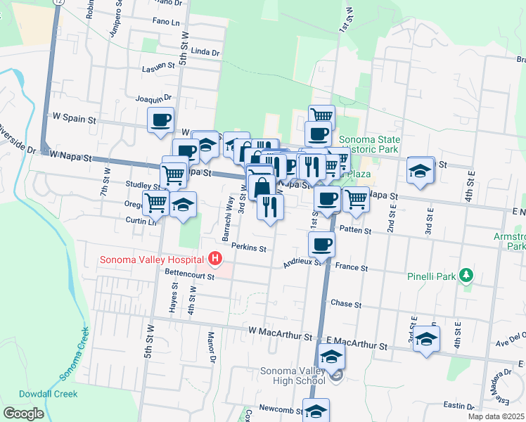 map of restaurants, bars, coffee shops, grocery stores, and more near 201 2nd Street West in Sonoma