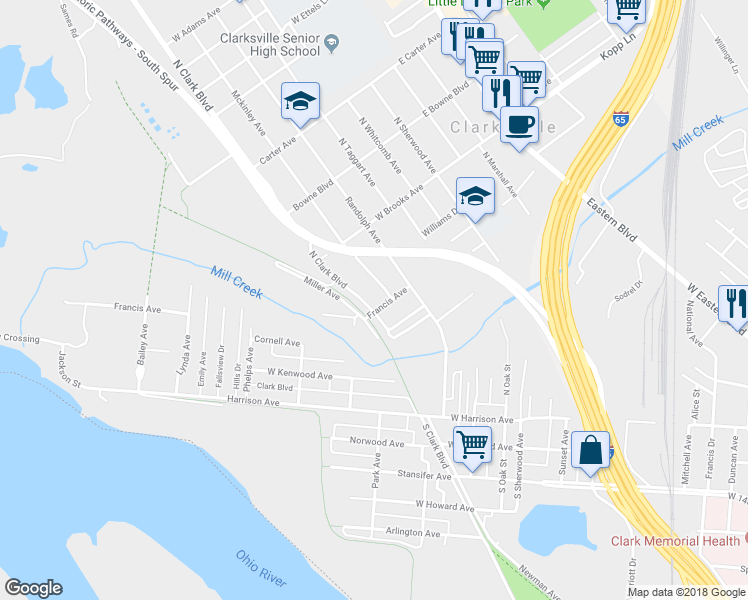 map of restaurants, bars, coffee shops, grocery stores, and more near 522 Francis Avenue in Clarksville