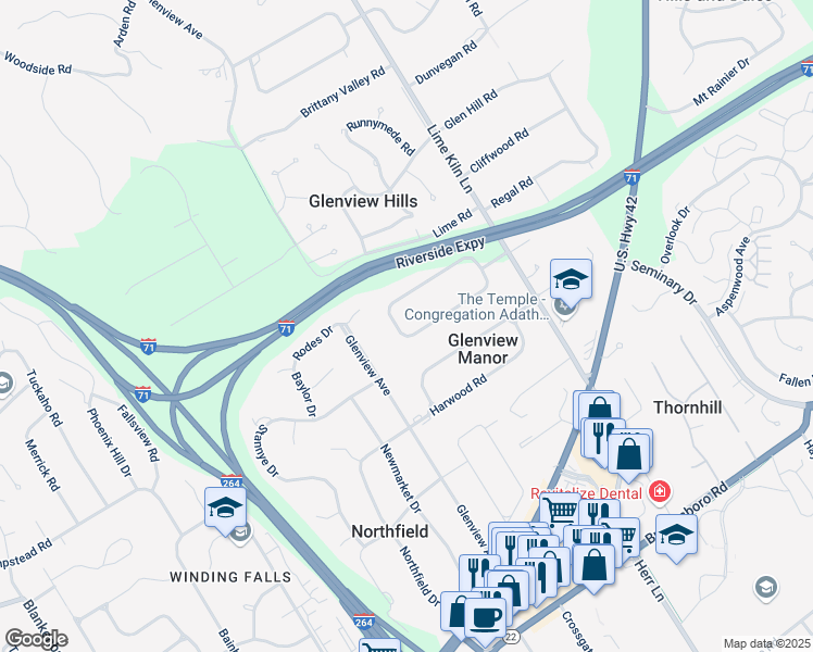map of restaurants, bars, coffee shops, grocery stores, and more near 6341 Limewood Circle in Louisville