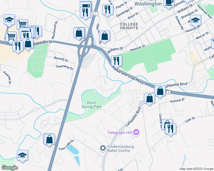 map of restaurants, bars, coffee shops, grocery stores, and more near 426 Greenbrier Court in Fredericksburg