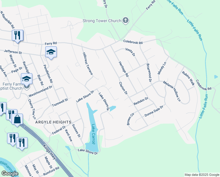 map of restaurants, bars, coffee shops, grocery stores, and more near 5 Camelot Court in Fredericksburg