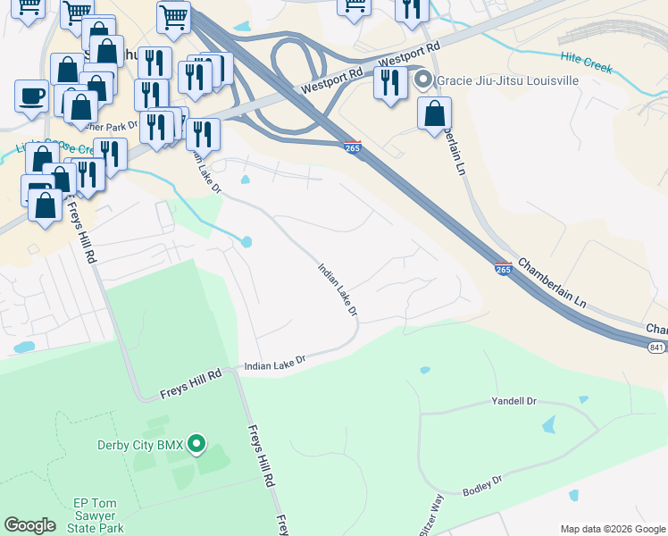 map of restaurants, bars, coffee shops, grocery stores, and more near 3306 Indian Lake Drive in Louisville