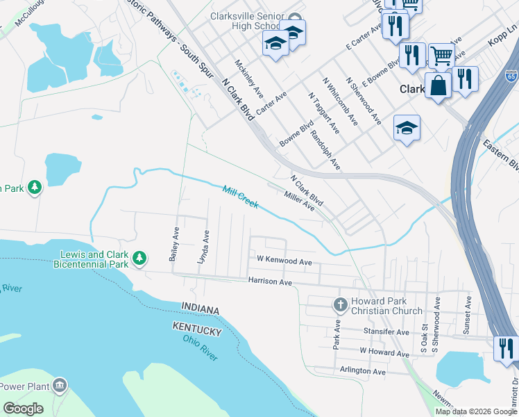 map of restaurants, bars, coffee shops, grocery stores, and more near 743 Cornell Avenue in Clarksville