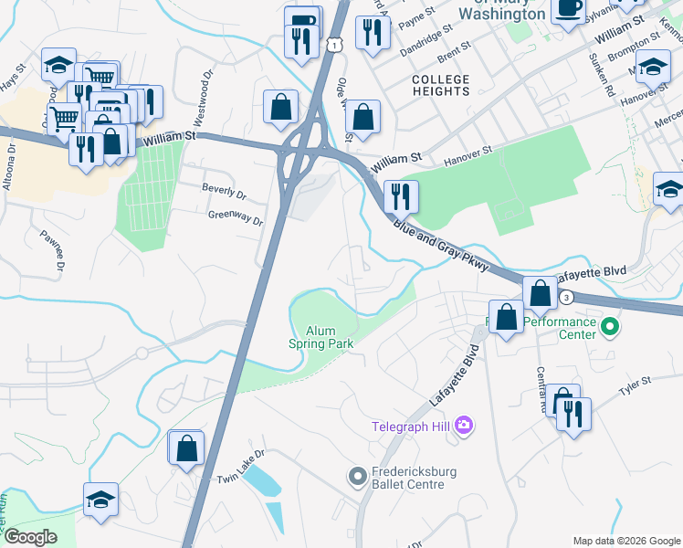 map of restaurants, bars, coffee shops, grocery stores, and more near 1 Greenbrier Drive in Fredericksburg