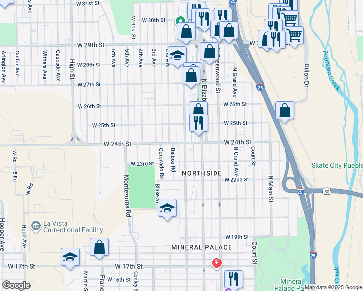 map of restaurants, bars, coffee shops, grocery stores, and more near 2316 Balboa Road in Pueblo