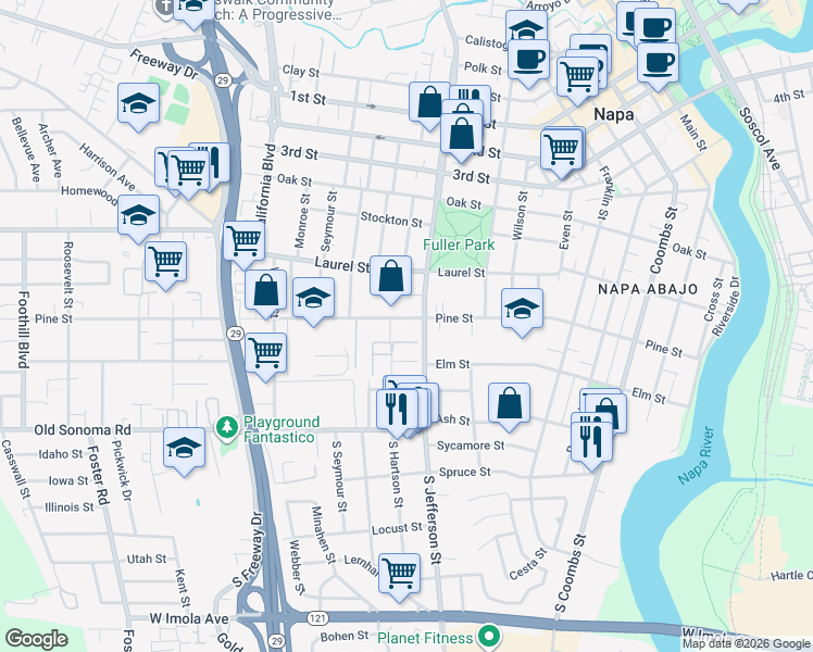 map of restaurants, bars, coffee shops, grocery stores, and more near 1941 Pine Street in Napa