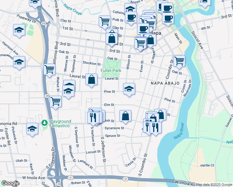 map of restaurants, bars, coffee shops, grocery stores, and more near 1720 Elm Street in Napa
